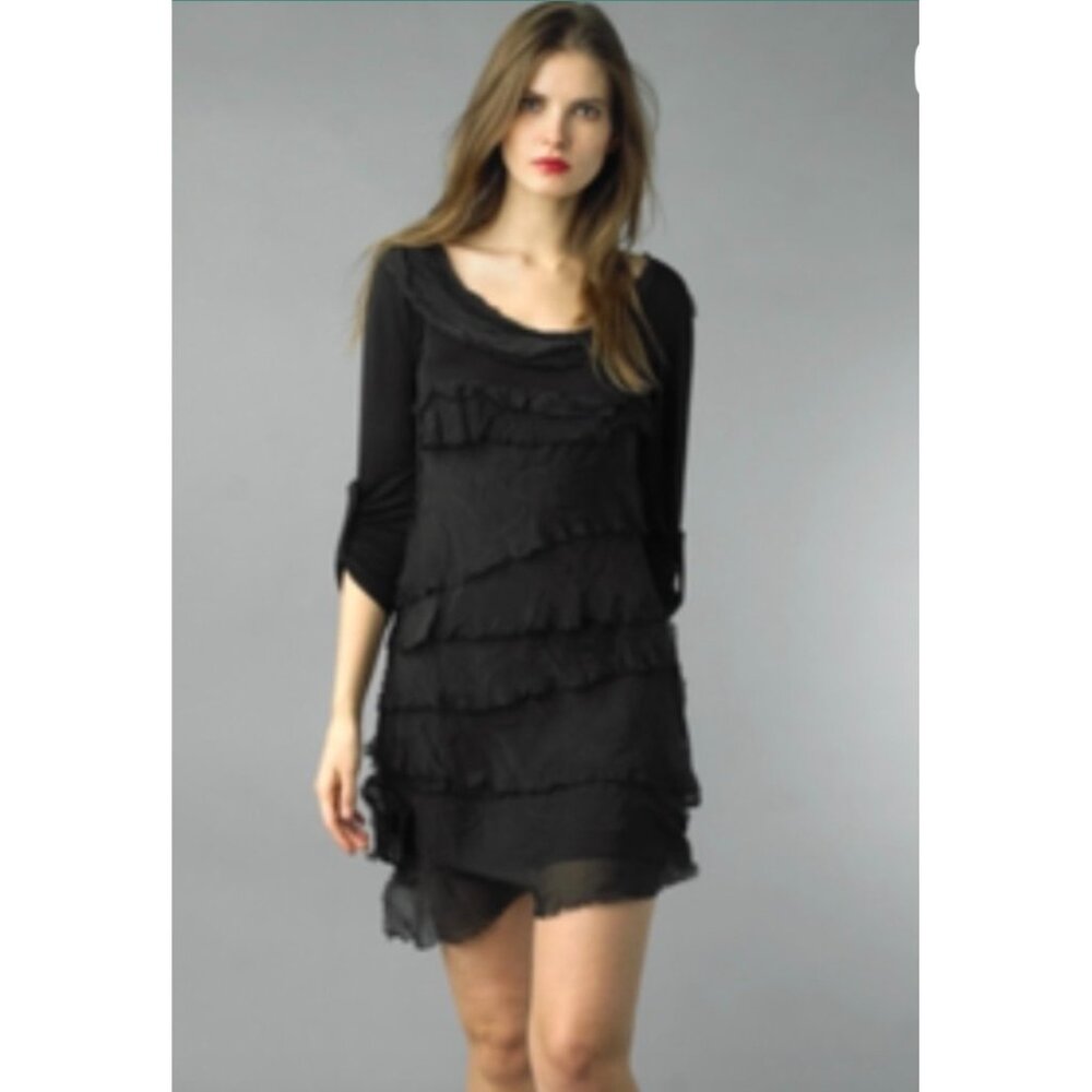 NWT Tempo Paris L Silk Tiered Stretch Dress Black Long Sleeve Black Frayed Knit